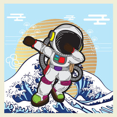 astronout illustration design with japanese style background 
