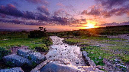 Sunset over Dartmoor at Windy Cross near Feather Tor