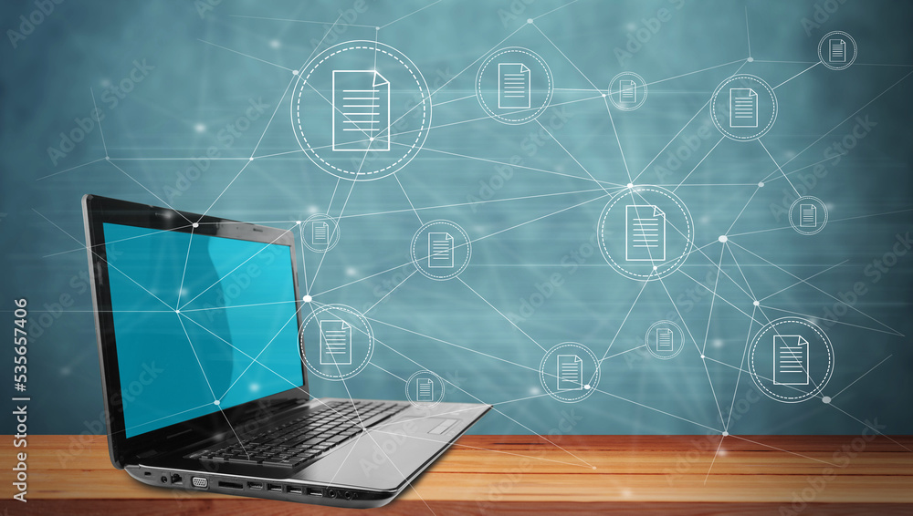 Poster laptop and virtual network with files
