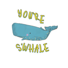 Illustration of a blue whale with hand lettering. 