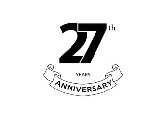 Vector illustration of 27 years anniversary logo with black color on white background. Black and white anniversary logo celebration. Good design for invitation, banner, web, greeting card, etc.
