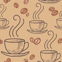 Vector seamless pattern with many coffee bean icons, cups, saucers. Tasty hot drink with steam. Fresh roast. Day start. Graphic element for menu layout design, advertising packaging. Trendy food print