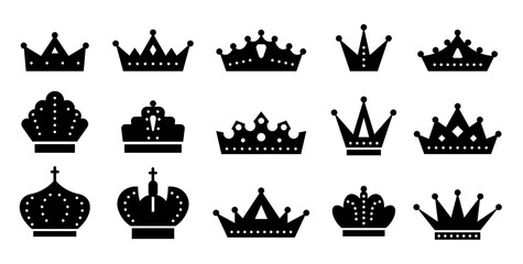 Crown black silhouette icon set. King royal heraldic element. Princ queen princess monarch lord kingdom luxury symbol for stencil, scrapbooking stamp, laser engraving cutting. Premium quality sign