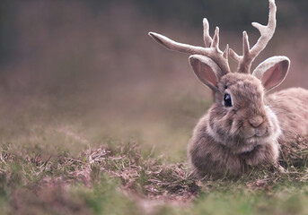 Photo of a Jackalope - A bunny rabbit with antlers, cross between Jackrabbit and an Antelope