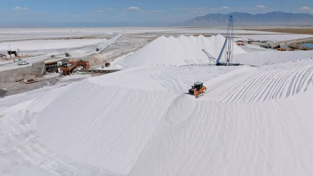 Sea salt production. Machinery for the treatment of the salt. The equipment of a salt plant. The salt processing factory near SaltLake city.