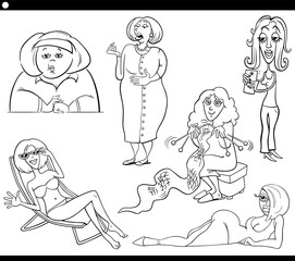 cartoon woman comic characters set coloring book page