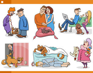 cartoon pet owners with their dogs comic set