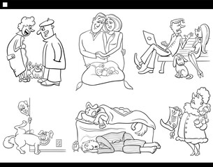 cartoon pet owners with their dogs comic set coloring page
