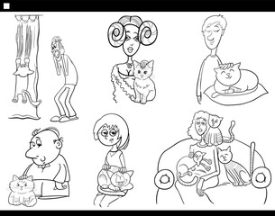 cartoon pet owners with their cats comic set coloring page