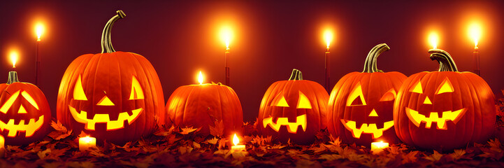 Jack O Lanterns - Halloween Background. Banner size. website header. 3d illustration