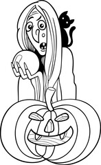cartoon witch with crystal ball and Halloween pumpkin coloring page