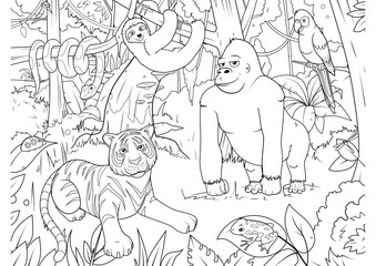 Fototapeta na wymiar Jungle animals cartoon coloring book PNG illustration with transparent background
