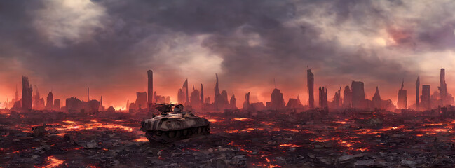 Naklejka premium Post apocalypse. Nuclear apocalypse survivor. Ruined Cityscape. Concept. Banner size. Header