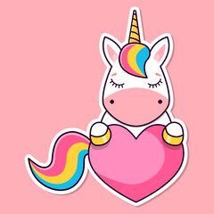 Sticker of a cute unicorn on a pink background. The unicorn is holding a heart. Vector illustration