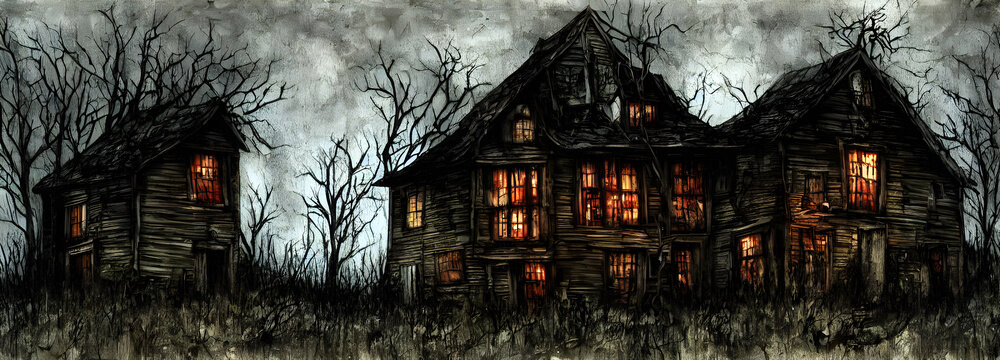 Haunted House. Creepy Atmosphere for Halloween. Fog, Moon light. Illuminated windows. Banner header size