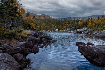 Basin Pond off Chimney Pond Trail in Baxter State Park on the Appalachian Trail, Maine in Autumn