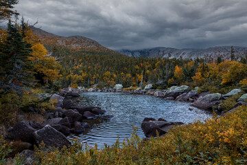Basin Pond off Chimney Pond Trail in Baxter State Park on the Appalachian Trail, Maine in Autumn