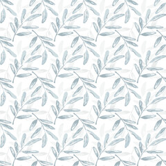 Fototapeta na wymiar Seamless textured leaves pattern. Hand-drawn watercolor illustration of a twigs.blue Background to create a wallpaper design, textiles, wrapping paper, cards, etc.