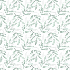 Fototapeta na wymiar Seamless textured leaves pattern. Hand-drawn watercolor illustration of a twigs. turquoise Background to create a wallpaper design, textiles, wrapping paper, cards, etc.