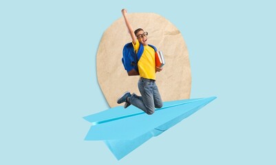 Creative child on paper plane and colored background