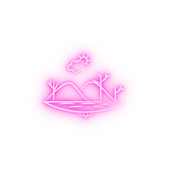 sea mountain tree sun cloud neon icon