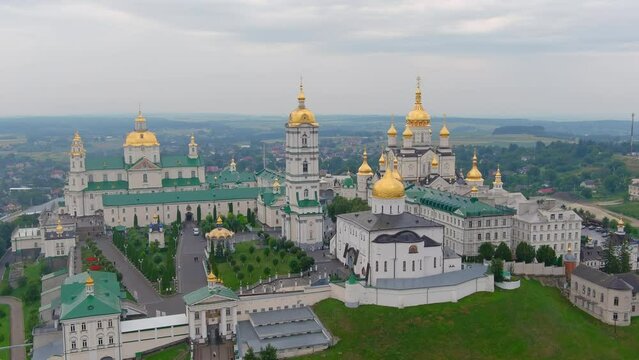 Aerial view of pochaev monastery. Holy dormition pochayiv lavra, Ukraine. Aerial view of pochaev monastery, orthodox church, pochayiv lavra in the morning. Opinion from hills