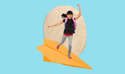 Creative child on paper plane and colored background