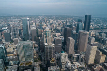 Aerial view of Seattle city state of Washington in the USA. Downtown of Seattle is business centre of city. Top view from drone on skyscrapers os Seattle.