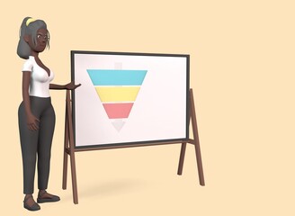 the girl points to a whiteboard with a funnel diagram on a yellow background 3d-rendering