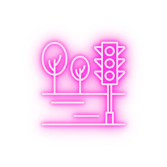 Traffic light road trees neon icon
