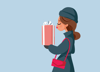 Winter Woman Holding a Big Wrapped Christmas Gift Vector Illustration. Beautiful girl buying an anniversary present going to a party event
