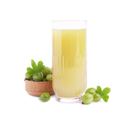 Tasty gooseberry juice in glass and fresh berries isolated on white