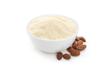 Bowl with almond flour and nuts on white background