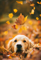 golden retriever in park fall