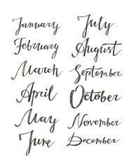 Lettering word all months year isolated on white background. Text for calendar or notebook. Hand-drawn black marker summer autumn winter spring month. Creative clipart for sketchbook or daily planner