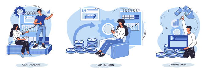 Capital gain, net income, monetary profit and growing graph up. Economic growth, income from investments. Metaphor of business success. Difference between purchase price of an asset and its sale price