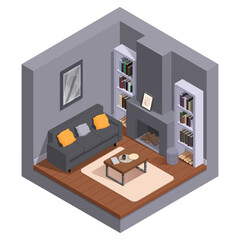 isometric living room with furniture and fireplace, vector illustration
