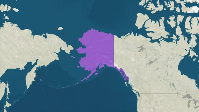 Zoom in to the map of Alaska with text, textless, and with flag