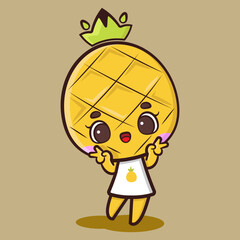 Cute pineapple girl is feeling happy. Tropical fruit cartoon vector illustration. Fit for mascot, children's book, icon, t-shirt design, etc.