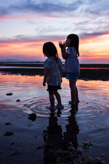 Fototapeta premium 真玉海岸の夕日と海岸で遊ぶ子供のシルエット