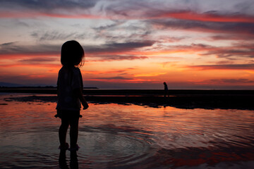 Fototapeta na wymiar 真玉海岸の夕日と海岸で遊ぶ子供のシルエット