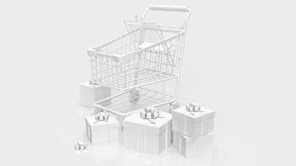 The white gift box  and shopping cart on white background  3d rendering