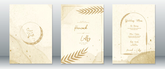 Wedding invitation card template luxury of gold design with leaf wreath frame and watercolor texture background
 - obrazy, fototapety, plakaty