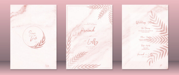 Wedding invitation card design elegant of pink with watercolor background and autumn leaf 