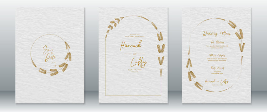 Wedding invitation card template luxury of gold design with leaf wreath frame and watercolor texture background