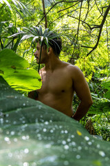 Yoga meditation outdoors. Glowing seven all chakra. man practice yoga, mexico, gualdajara
