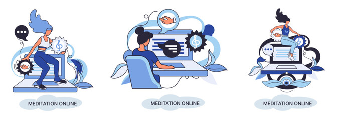 Meditation online metaphor. Classes on laptop, practicing yoga, mental exercises. Live stream, internet education. Wellness practice restore peace mind. Healthy lifestyle, clearing brain and managing