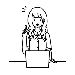 デスクで座ってPCを開いて何かひらめいた事務員制服の女性