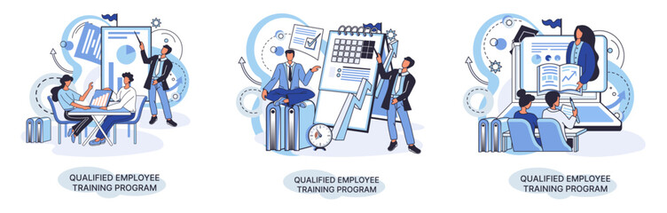 Qualified employee training program. Refresher course metaphor. Help in professional development. Learning for software development and growth. Agile project management team project life scrum meeting