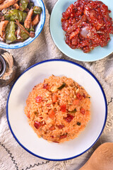 Kimchi fried rice with cheese on white plate